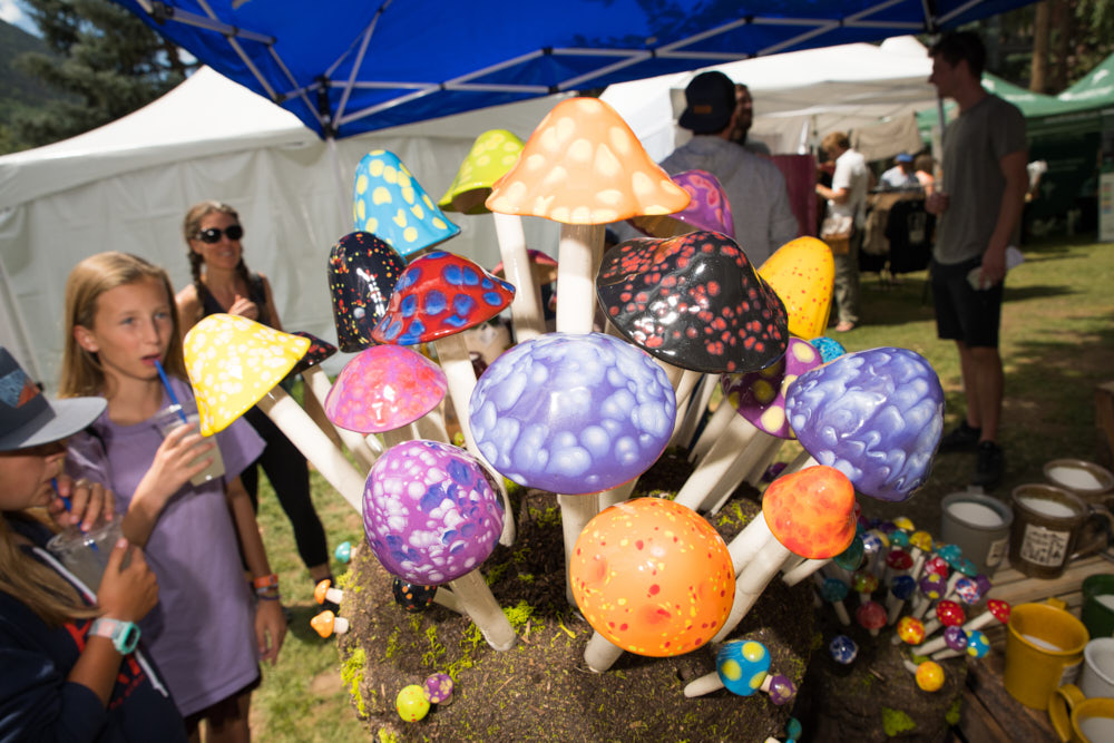 Ceramic mushrooms under a tent