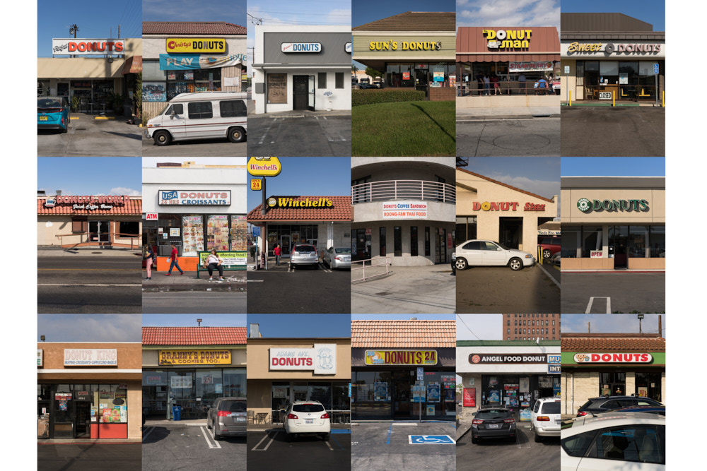 A collage of donut storefronts