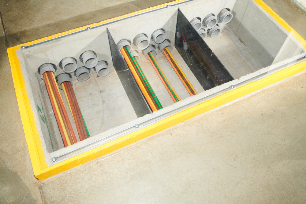 A floor cut out to demonstrate conduits running beneath it