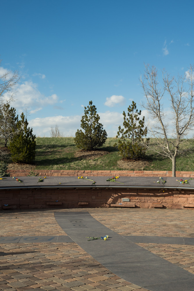 Flowers left at the Columbine Memorial