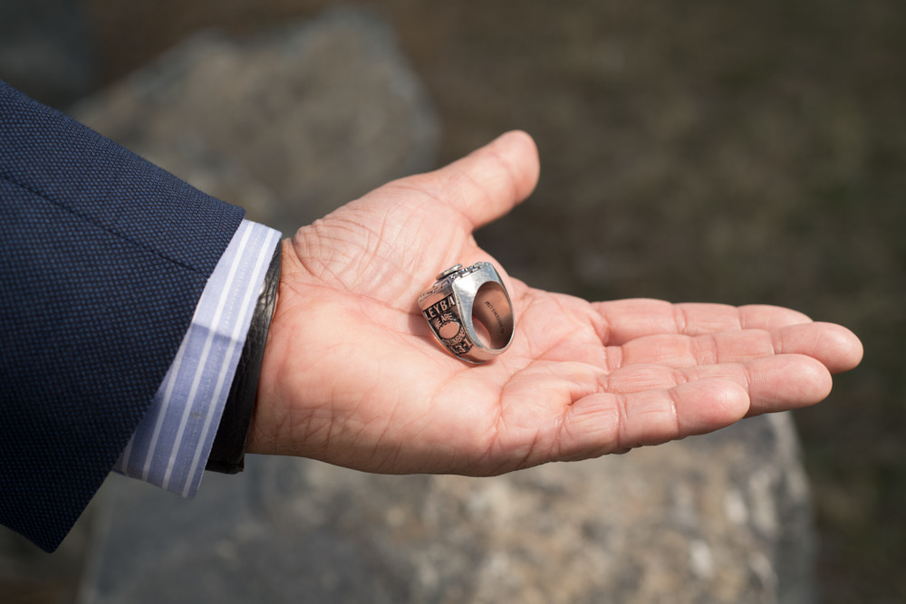 A ring held in Kiki Leyba's hand