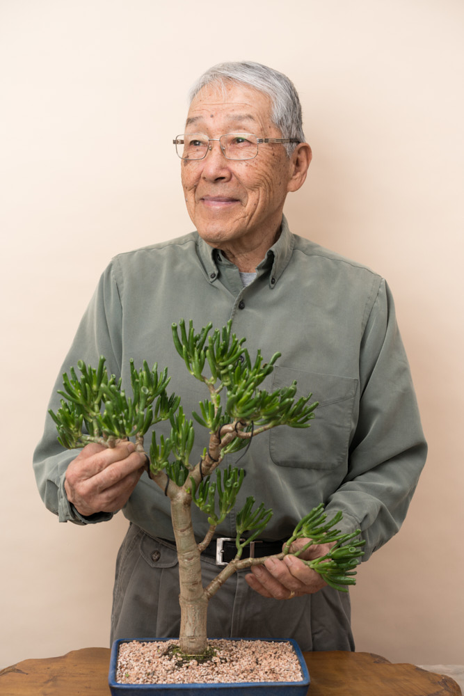 A portrait of a man holding a bonsai plant