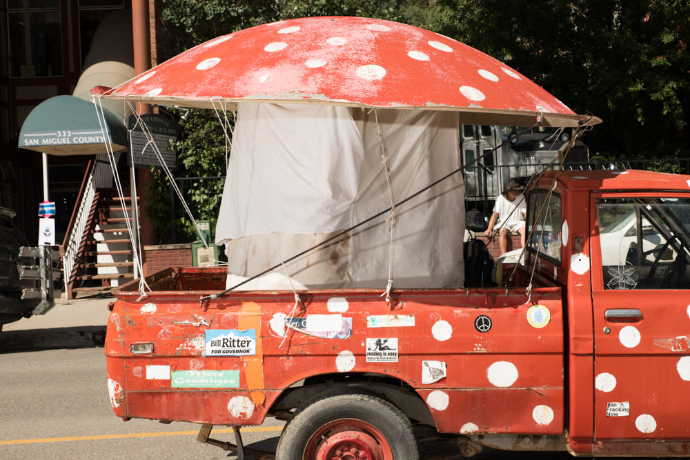 A truck decorated to look like a mushroom