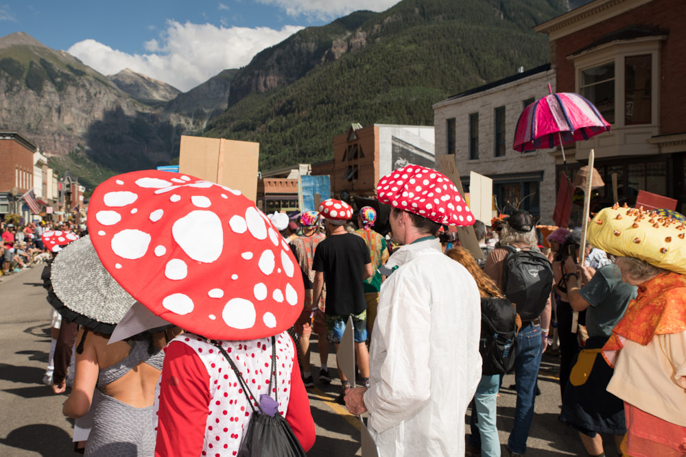 Costumed people walking in the parade at the Telluride Mushroom Festival
