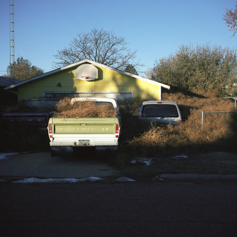 A house and cars covered in tumbleweeds