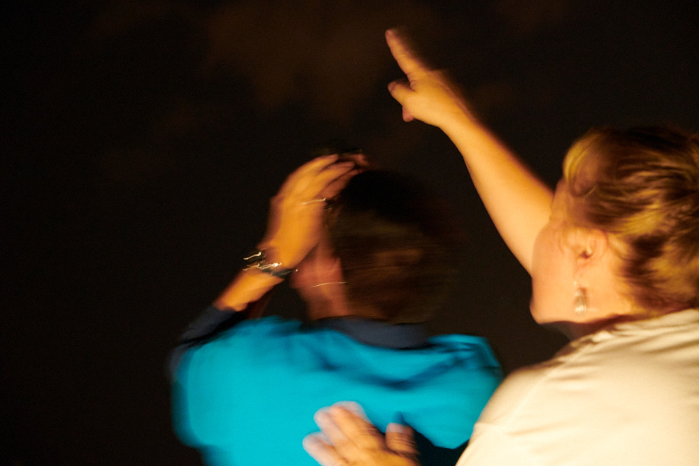 People looking and pointing into the night sky